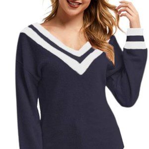 Women's color block V-Neck long sleeve shirt